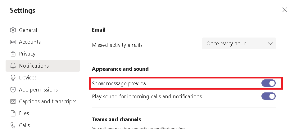 Désactivez l'option Afficher l'aperçu du message dans Notifications | Comment empêcher Microsoft Teams d'apparaître sur Windows 10