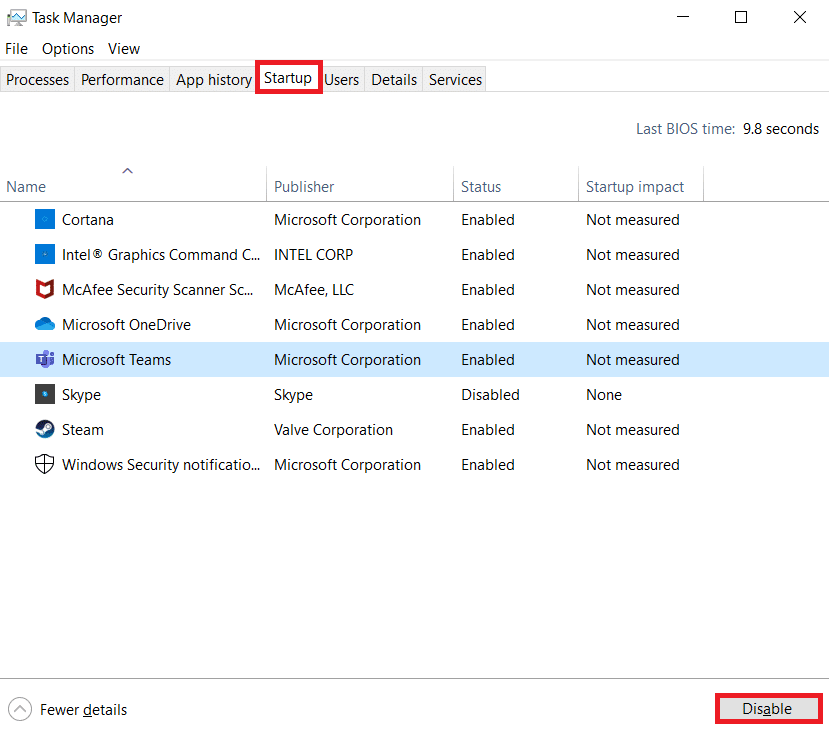 Sous l'onglet Démarrage, sélectionnez Microsoft Teams. Cliquez sur Désactiver.