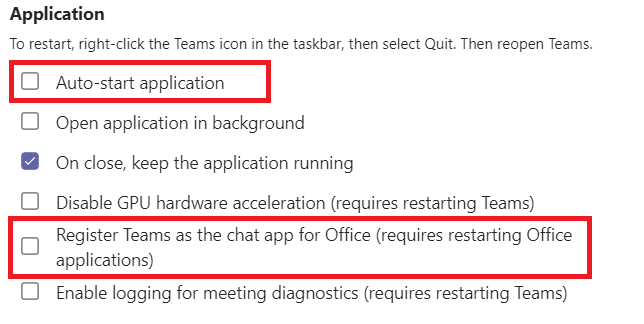 Décochez les options Enregistrer les équipes en tant qu'application de chat pour Office et Application de démarrage automatique sous l'onglet Général.