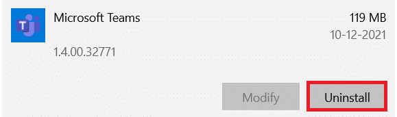 Cliquez sur Microsoft Teams puis cliquez sur Désinstaller.