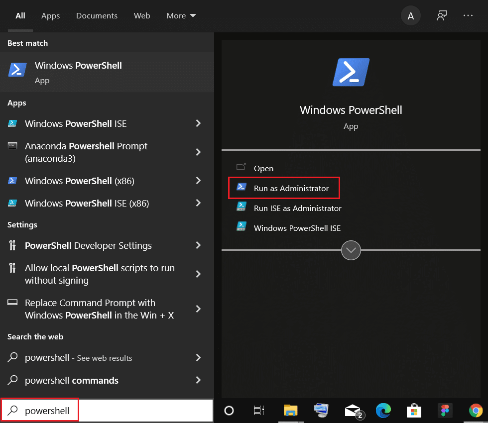 Windows 검색 창에서 관리자 권한으로 Windows PowerShell을 엽니다.