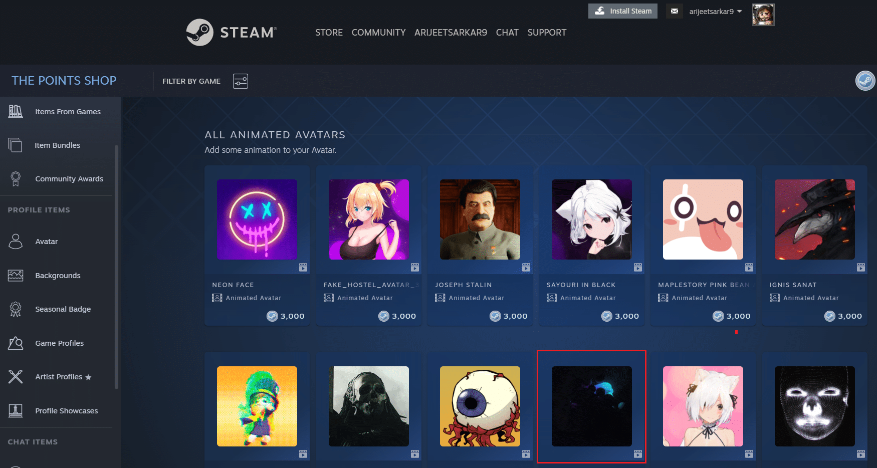 pilih satu avatar animasi dari daftar di halaman Toko Poin Avatar Steam di browser