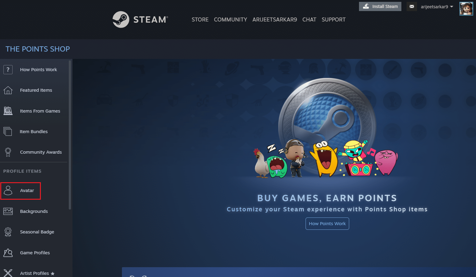 klik menu Avatar di halaman Toko Poin di browser Steam