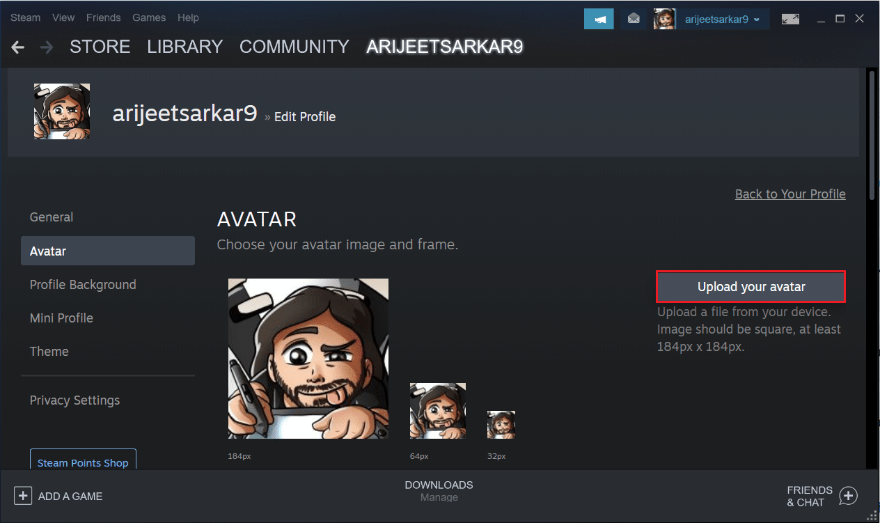 klik tombol Unggah avatar Anda di aplikasi Steam