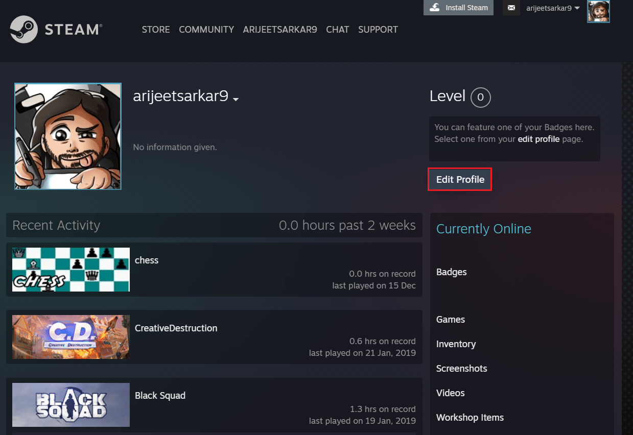 klik tombol Edit profil di halaman profil Steam di browser