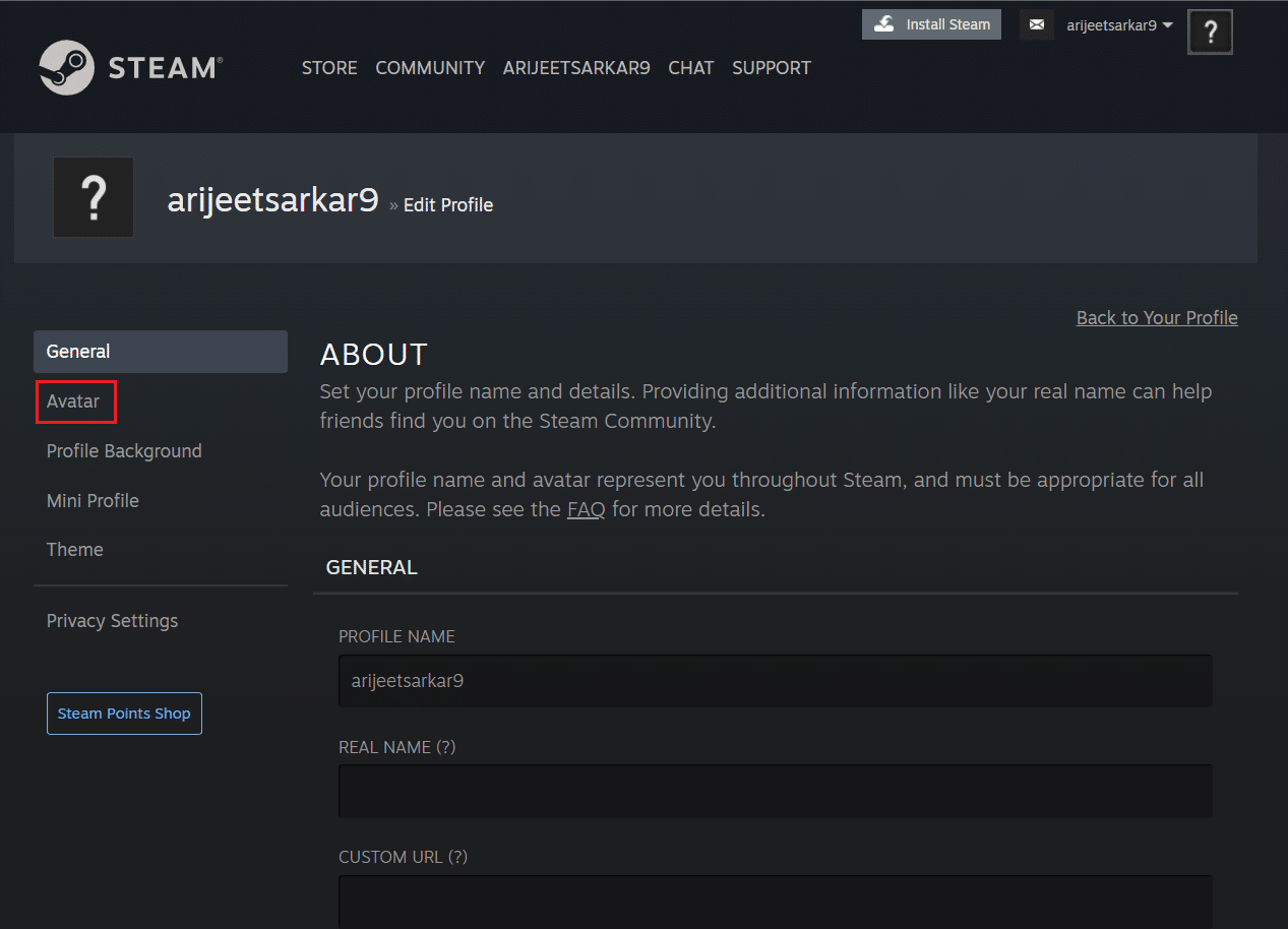 klik menu Avatar di halaman edit profil Steam di Browser