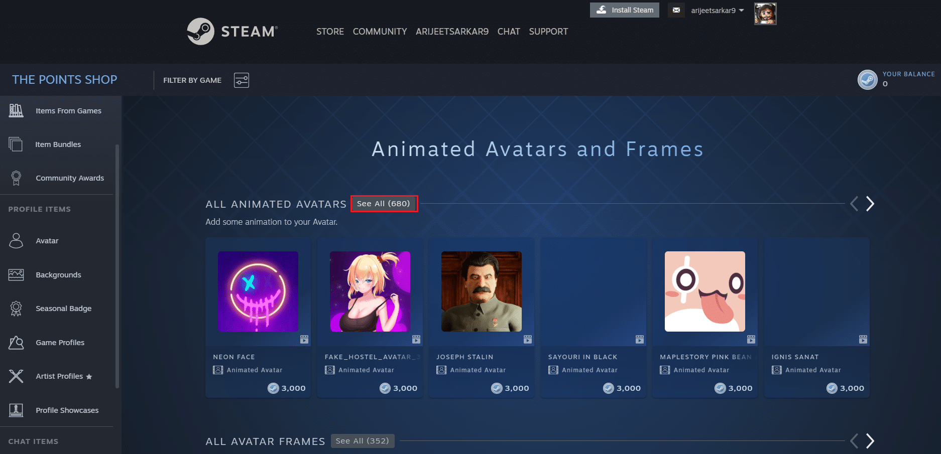 klik opsi Lihat Semua selain Semua Avatar Animasi di halaman Toko Poin Avatar Steam di browser