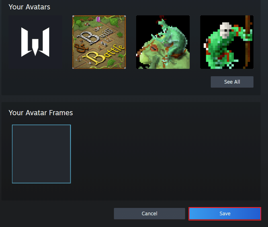 pilih avatar dan klik tombol Simpan di halaman Steam Avatar di browser