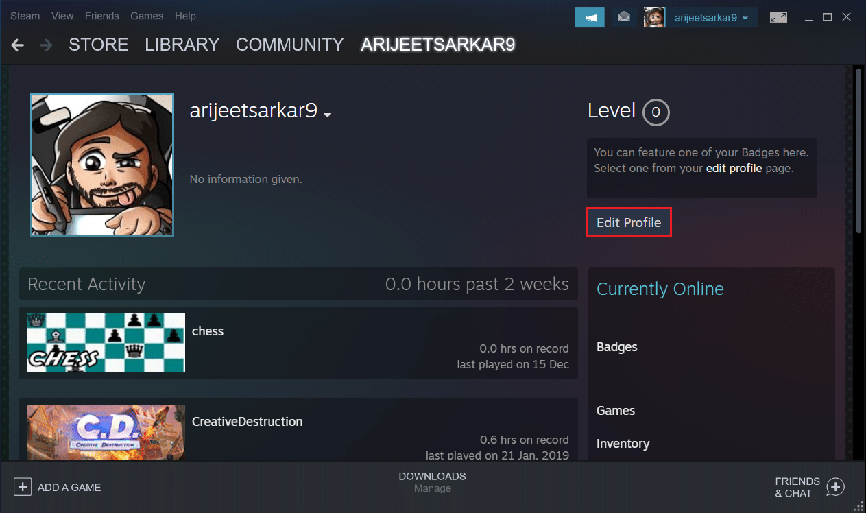 klik tombol Edit Profil di menu Profil di aplikasi Steam