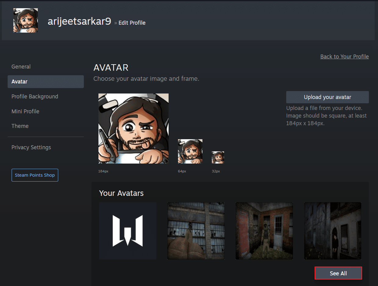 klik tombol Lihat Semua di halaman avatar Profil Steam di browser