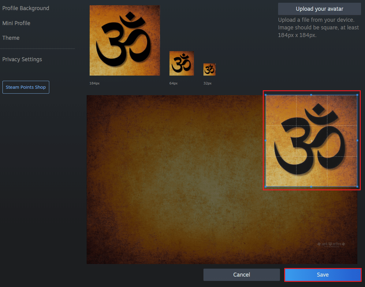 unggah avatar Anda dan klik tombol Simpan di Steam unggah halaman avatar Anda di browser