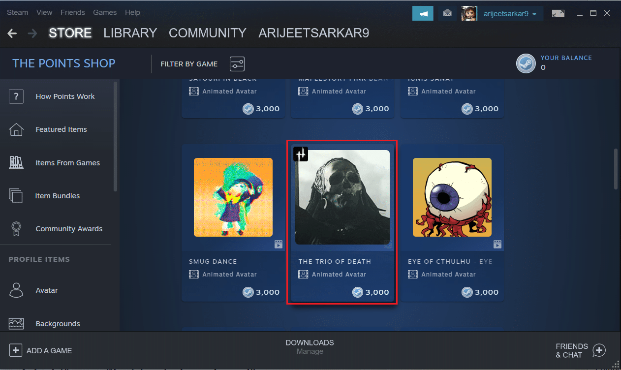pilih avatar animasi di menu toko poin avatar di aplikasi Steam