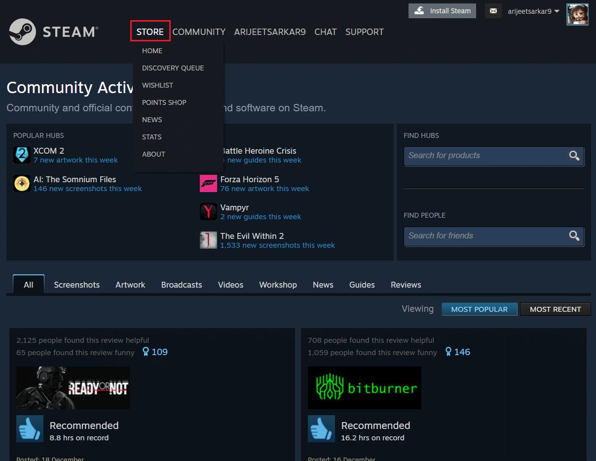 klik menu Toko di beranda Steam di browser
