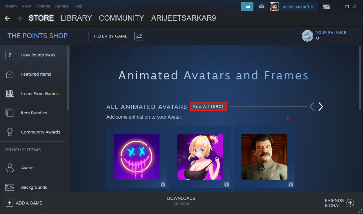 klik opsi Lihat Semua di menu toko Avatar Points di aplikasi Steam
