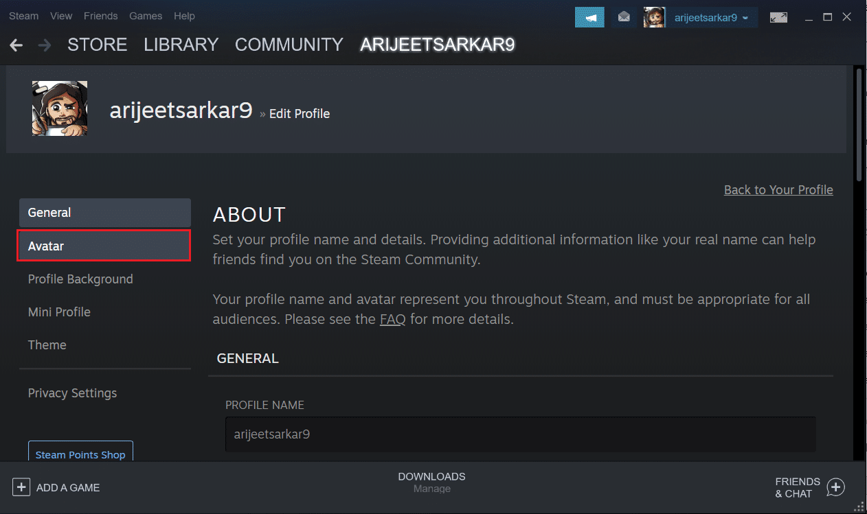pilih Avatar di menu edit profil di aplikasi Steam