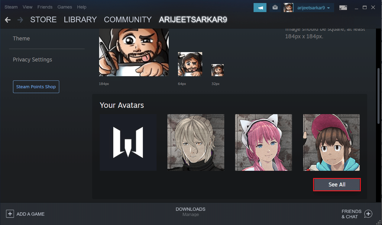 klik tombol Lihat Semua di menu Avatar di aplikasi Steam
