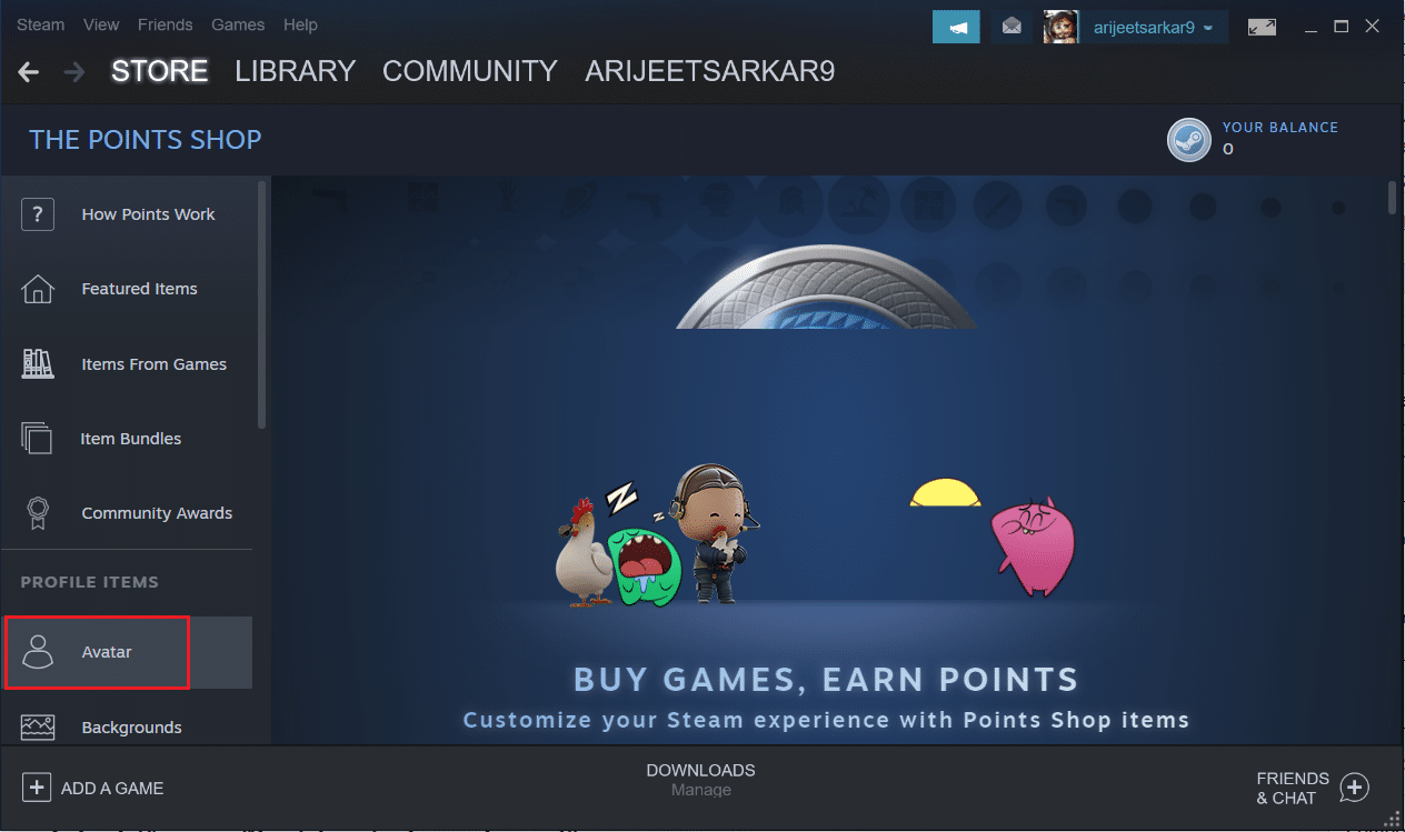 klik opsi Avatar di menu Points Shop di aplikasi Steam