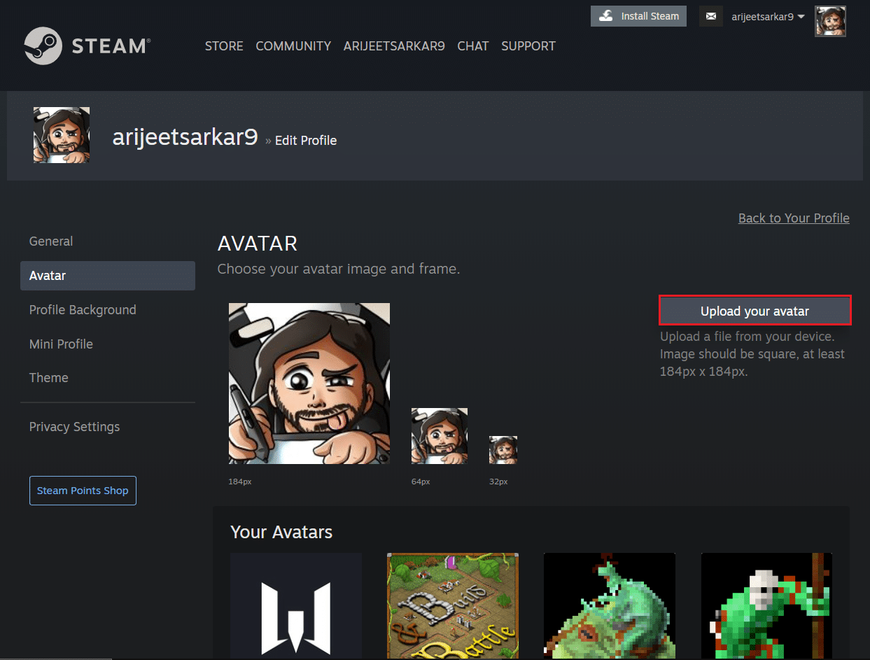 klik unggah avatar Anda di halaman Steam Avatar di browser