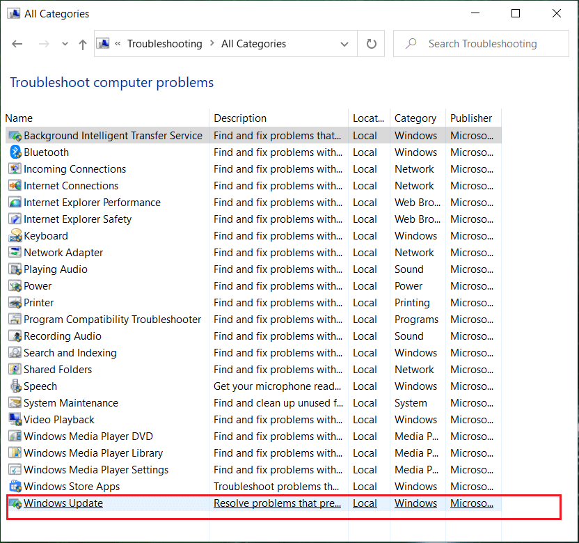 จากรายการแก้ไขปัญหาคอมพิวเตอร์ ให้เลือก Windows Update