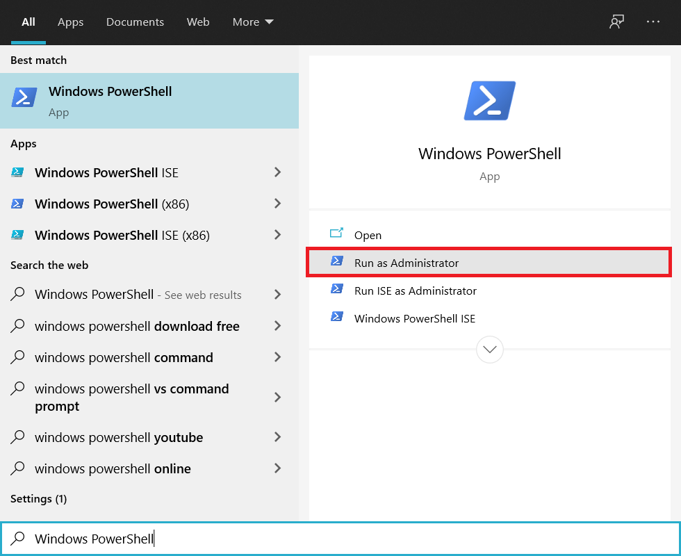 ค้นหา Windows Powershell ในแถบค้นหาและคลิกที่ Run as Administrator