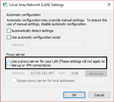 ยกเลิกการเลือก Use a Proxy Server for LAN . ของคุณ
