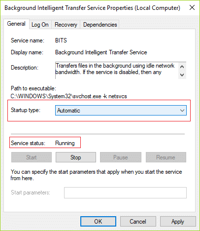 ตรวจสอบให้แน่ใจว่าได้ตั้งค่า BITS เป็น Automatic และคลิก Start หากบริการไม่ทำงาน | แก้ไขข้อผิดพลาด Windows Update 8024402F