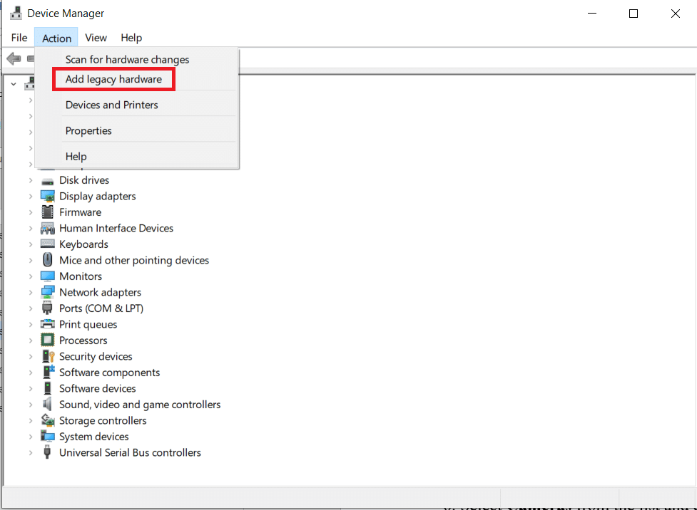 Klik pada opsi Tindakan dan kemudian Tambahkan perangkat keras lama. Cara Memperbaiki Kamera Laptop Tidak Terdeteksi di Windows 10