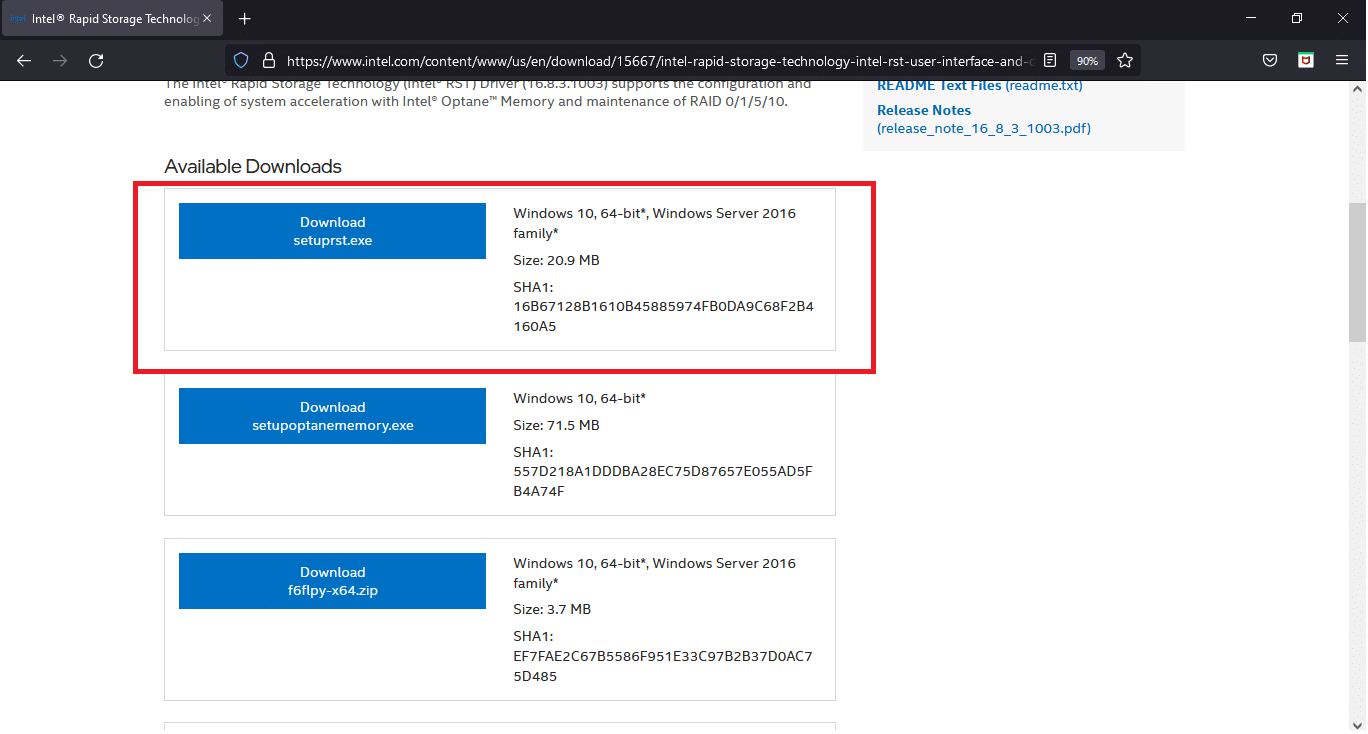 Pilih item driver pertama dalam daftar dan klik tombol Unduh yang menunjukkan setuprst.exe