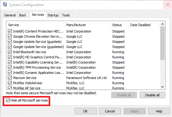 Arahkan ke tab Layanan dan centang kotak Sembunyikan semua layanan Microsoft