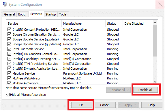 Sekarang tekan tombol Nonaktifkan semua dan kemudian klik OK untuk menyimpan perubahan Anda. 7 Cara Memperbaiki iaStorA.sys BSOD Error pada Windows 10