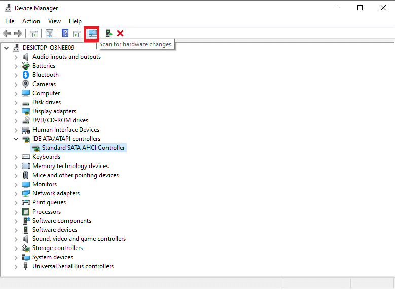 Klik tombol Scan for Hardware Changes di bagian atas untuk menyegarkan dan kemudian restart PC Anda.