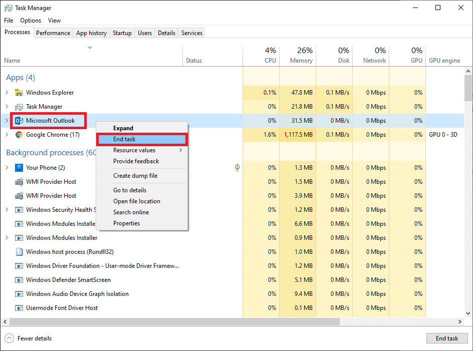 Klik kanan padanya dan pilih Akhiri tugas dari menu. Cara Memperbaiki Aplikasi Outlook Tidak Akan Terbuka di Windows 10 PC