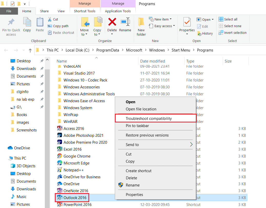 klik kanan pada Outlook dan pilih Troubleshoot Compatibility. Cara Memperbaiki Aplikasi Outlook Tidak Akan Terbuka di Windows 10 PC