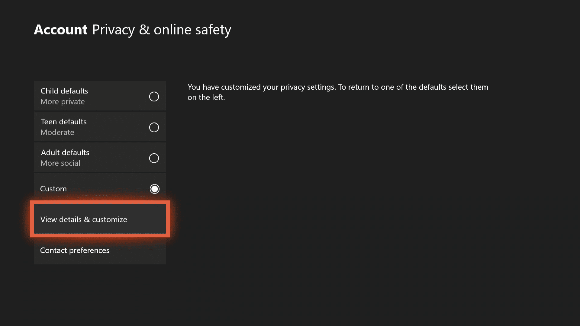 Privasi keamanan online Lihat detail sesuaikan Xbox one