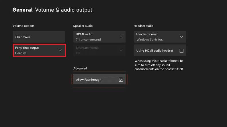 Volume dan keluaran audio Keluaran obrolan pesta xbox one