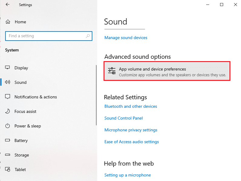 Sous Options sonores avancées, cliquez sur Volume de l'application et préférences de l'appareil