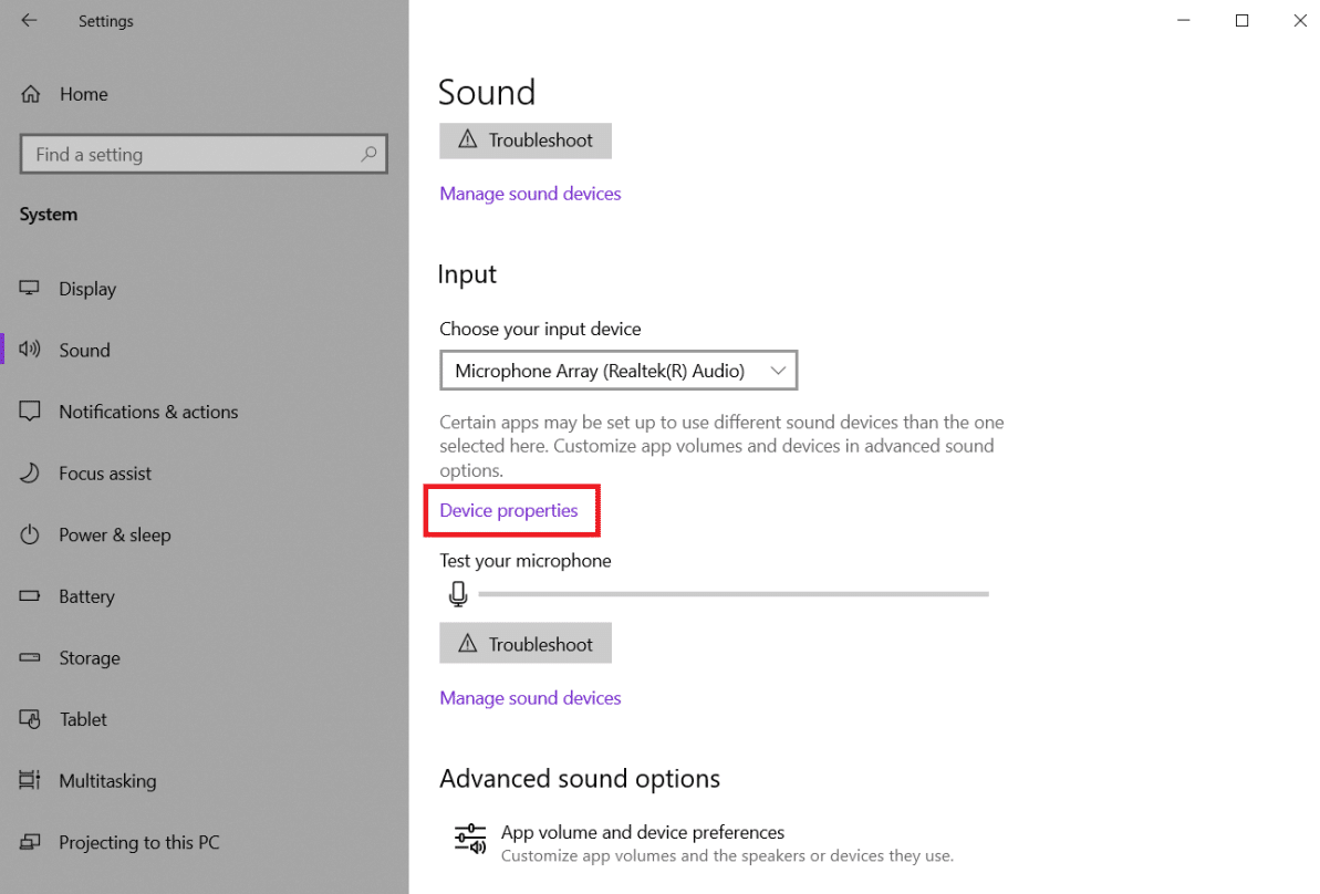 Sélectionnez Propriétés de l'appareil dans la section Entrée. Comment réparer le microphone trop silencieux sur Windows 10