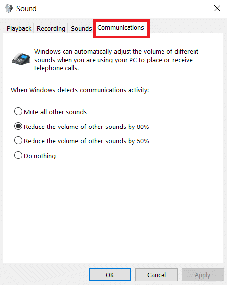 Accédez à l'onglet Communications. Comment réparer le microphone trop silencieux sur Windows 10