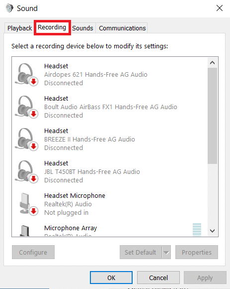 Sélectionnez l'onglet Enregistrement. Comment réparer le microphone trop silencieux sur Windows 10