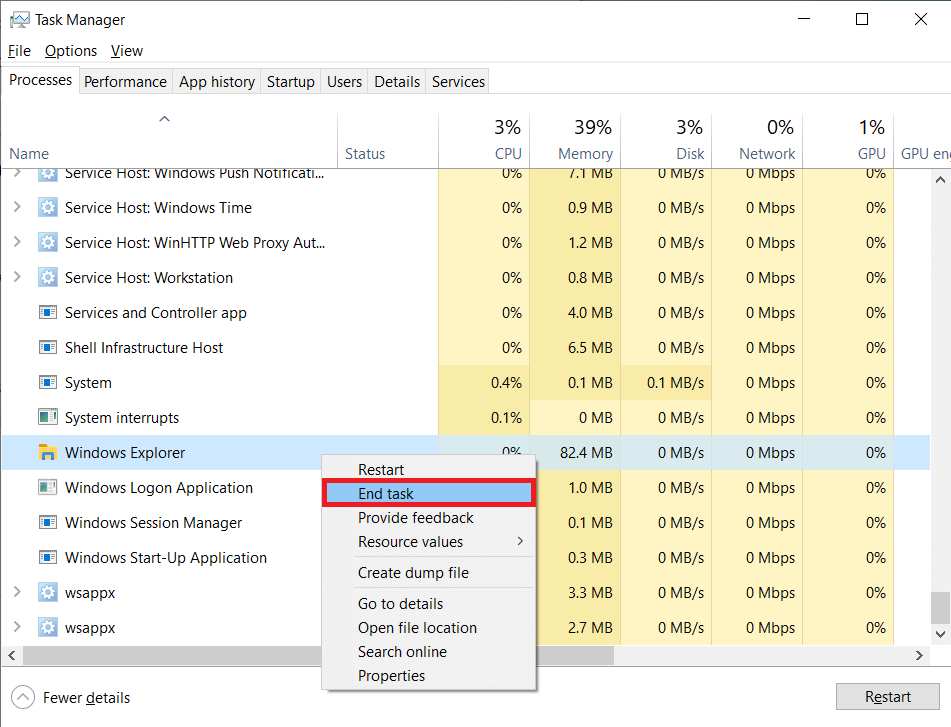 Para finalizar o processo, clique com o botão direito do mouse e selecione Finalizar tarefa no menu de contexto