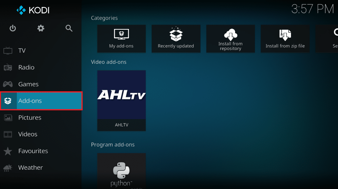 在菜單的左側窗格中,單擊附加組件。如何在 Kodi 上觀看 NFL