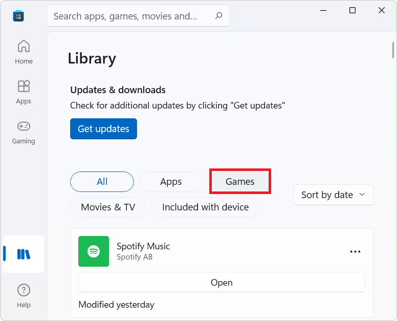 pilih opsi Game di menu Perpustakaan Microsoft Store. Cara Memperbaiki Halo Infinite Semua Anggota Fireteam Tidak Sama Versi Error di Windows 11