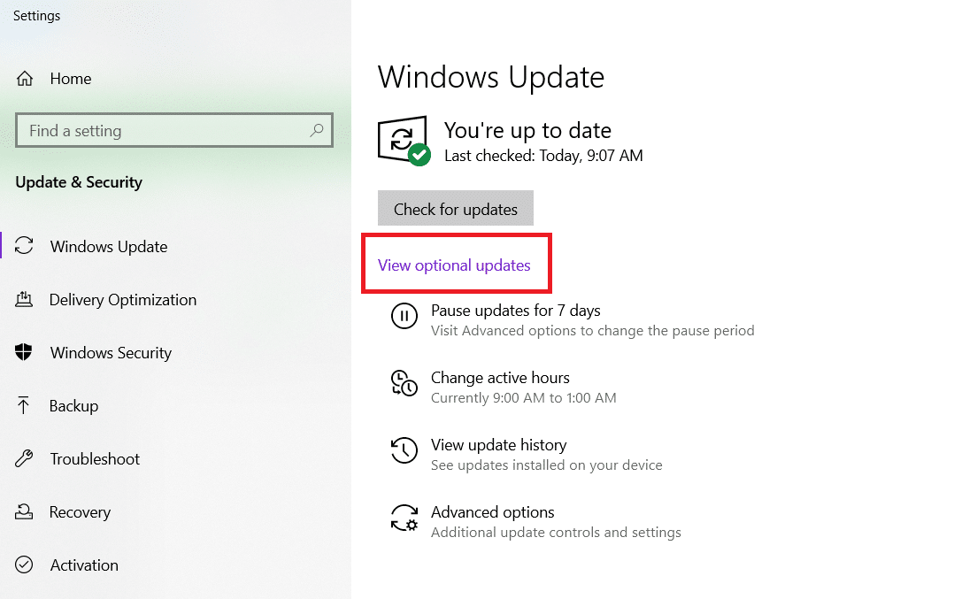 Pembaruan Windows di Pengaturan akan terbuka, di mana Anda harus mengklik Lihat pembaruan opsional. Cara Memperbaiki Perangkat Lunak Elara Mencegah Shutdown di Windows 10