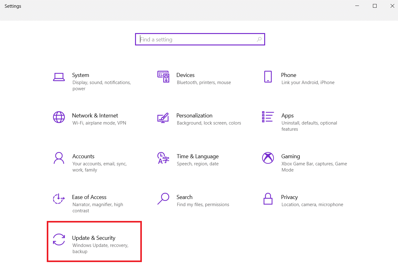 Pilih Perbarui dan keamanan dari judul yang diberikan. Cara Memperbaiki Perangkat Lunak Elara Mencegah Shutdown di Windows 10