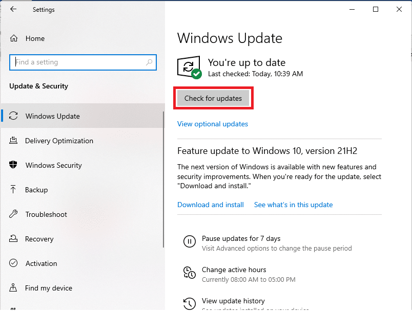 Di tab Pembaruan Windows, Klik Periksa pembaruan di panel kanan