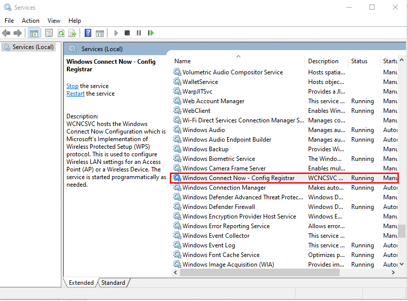 Găsiți serviciul Windows Connect Now Config Registrar.