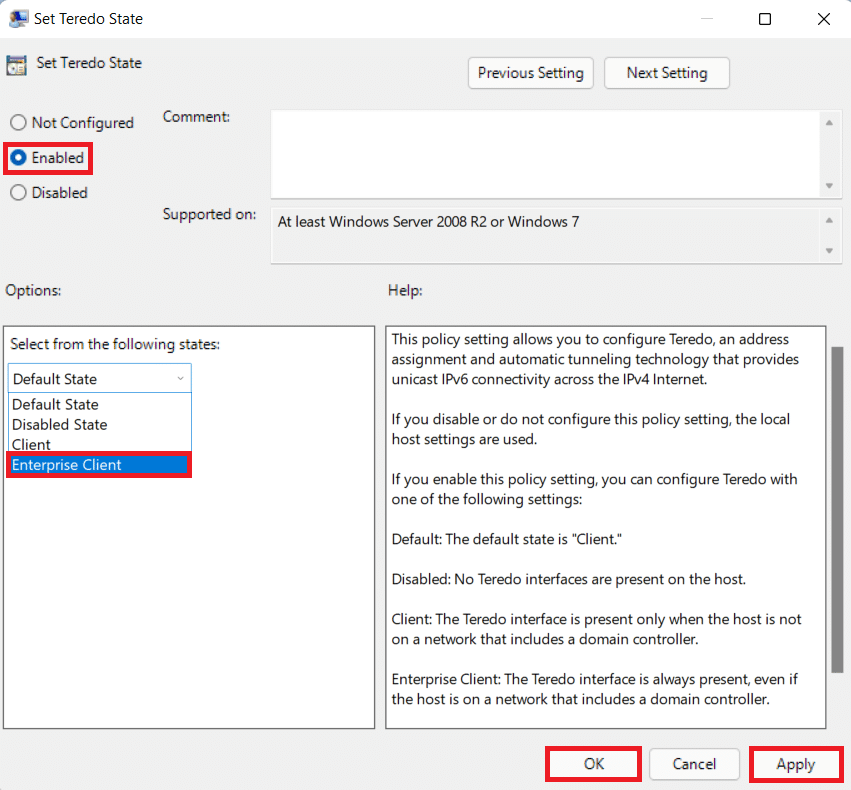 設置 Teredo 狀態設置。單擊應用,然後單擊確定。修復 Halo Infinite 自定義未在 Windows 11 中加載