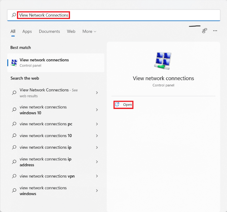查看網絡連接的開始菜單搜索結果。如何修復 Halo Infinite 自定義未在 Windows 11 中加載