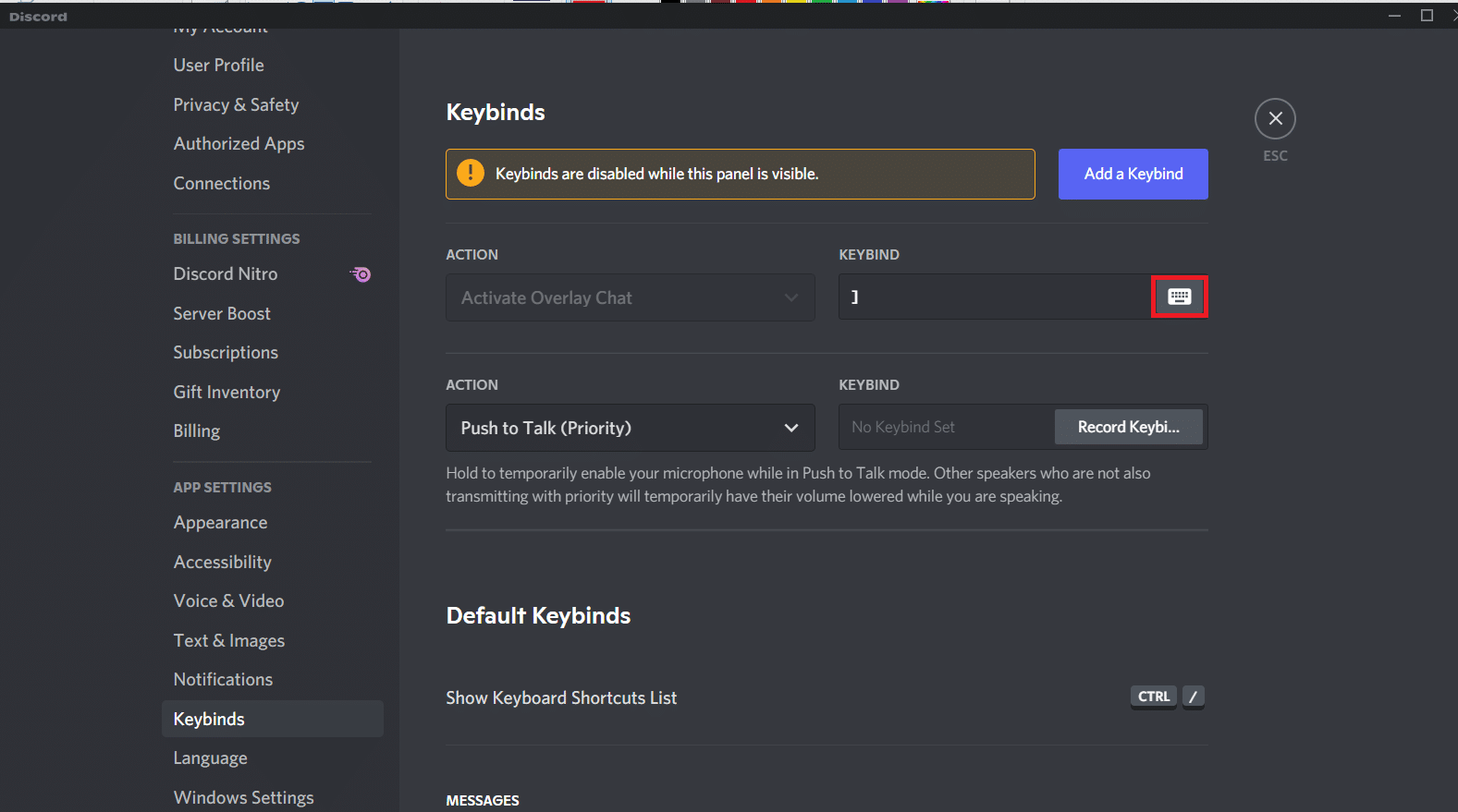Klik ikon Keyboard di area Keybind untuk memasukkan tombol pintas