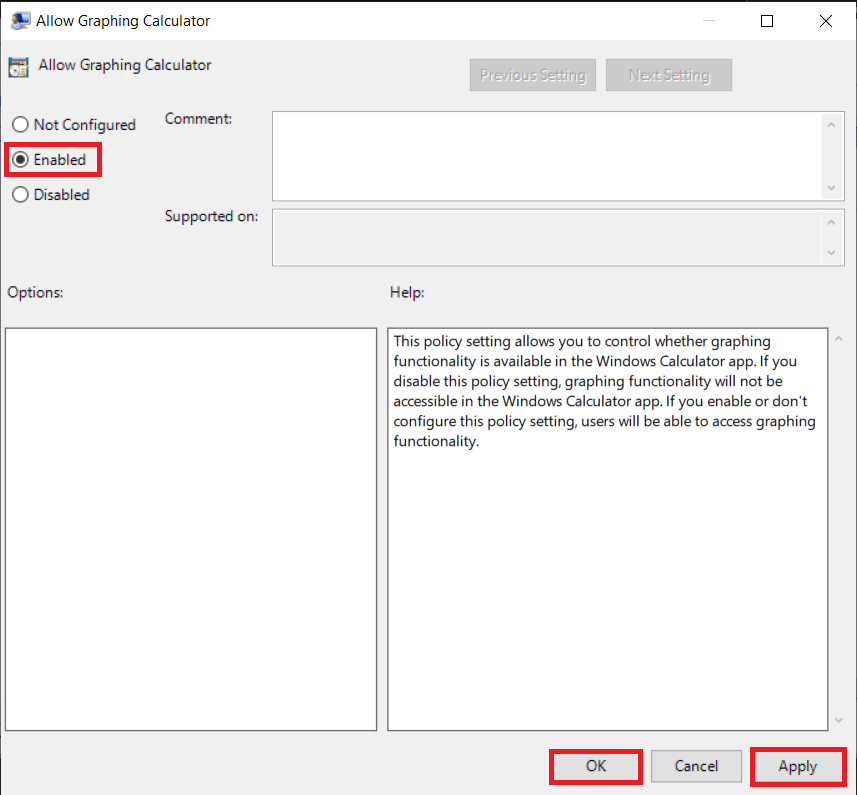 Cliquez sur le bouton radio Activé, puis cliquez sur Appliquer pour enregistrer les modifications. Comment activer le mode graphique de la calculatrice dans Windows 10